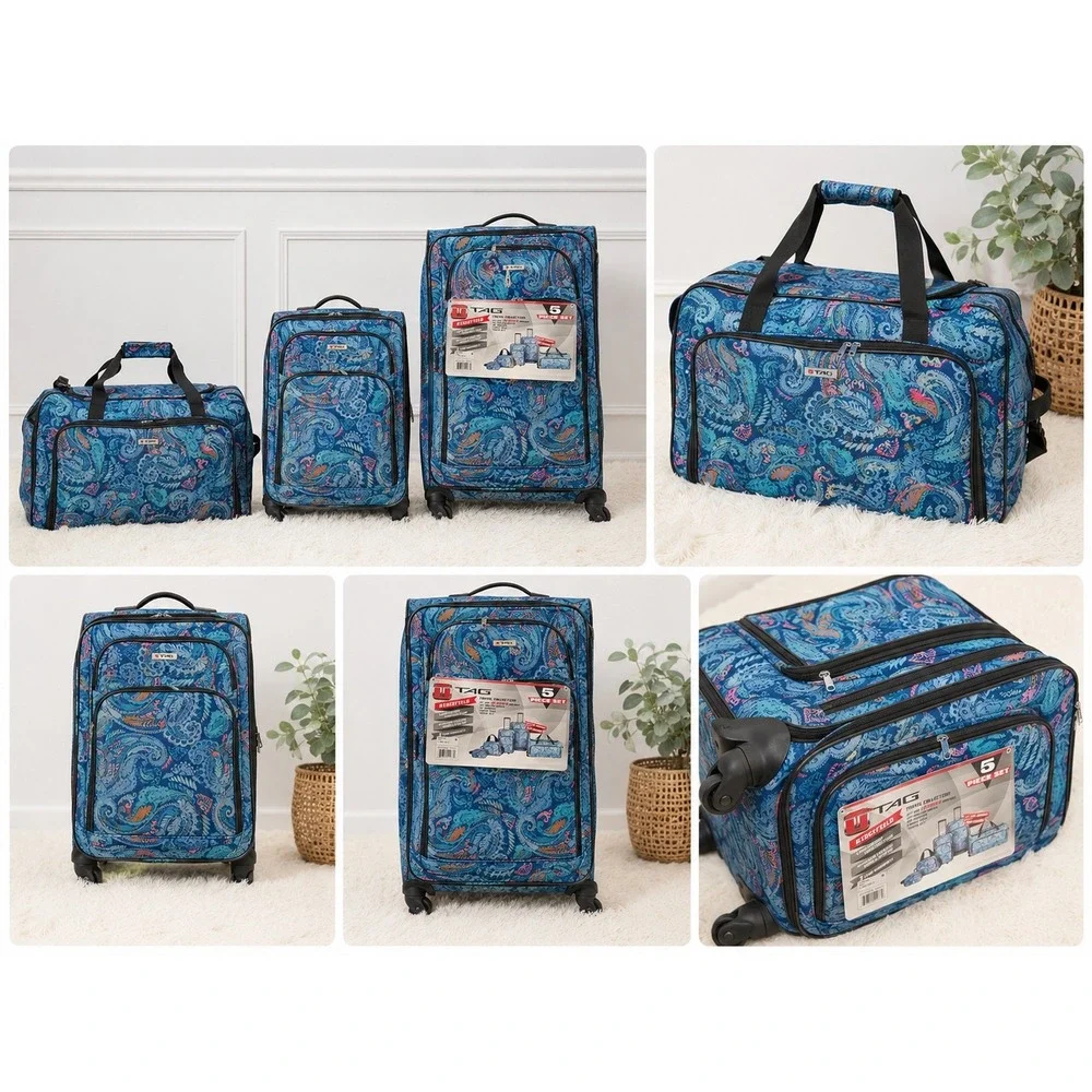 TAG Springfield 5 Piece Luggage Set Blue Paisley Rolling Suitcase Duffel Bag NEW